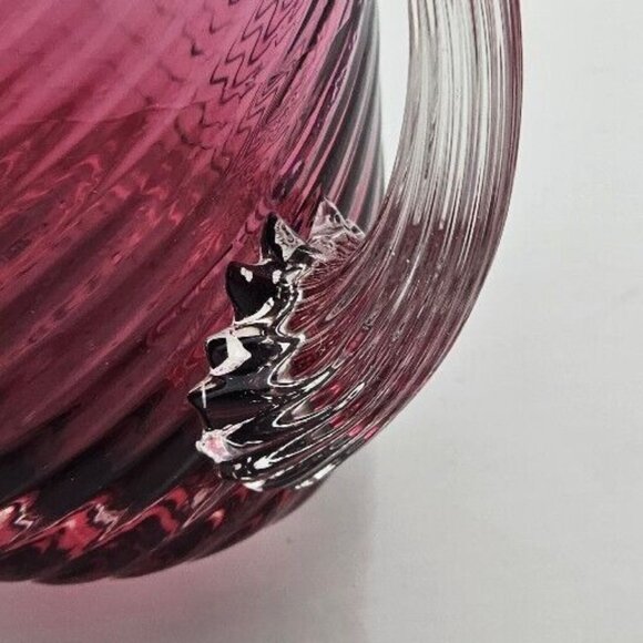 Pilgrim Glass Cranberry Swirl Pitcher Vase 3.5" clear handle ruffled rim texture - Picture 10 of 12